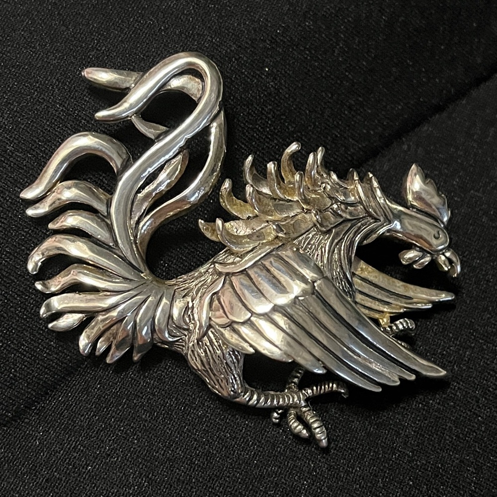 MJ Phoenix Fire Bird Of Paradise Rooster Gamecock Brooch Silver Tone - STATEMENT